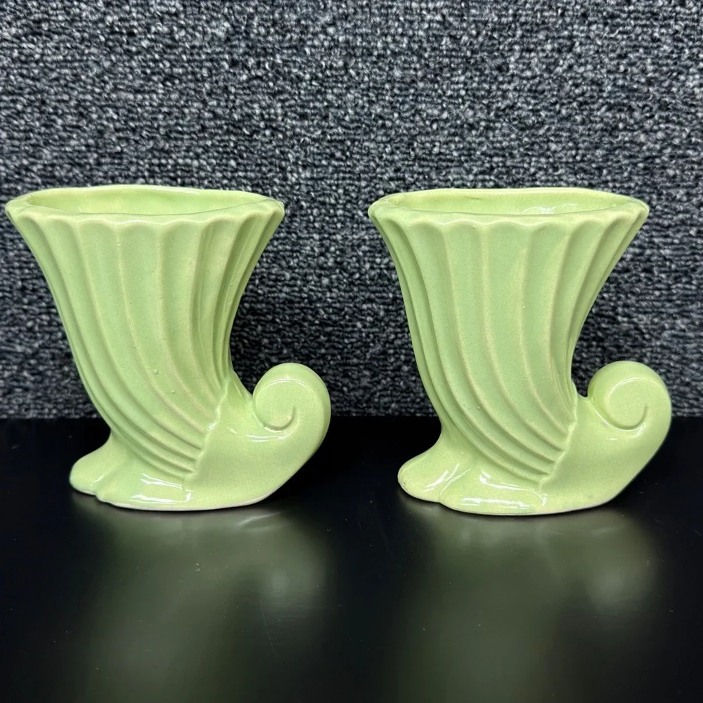Vintage Green Ceramic Cornucopia Vase Set Mid Century Ribbed Scrolled Planter